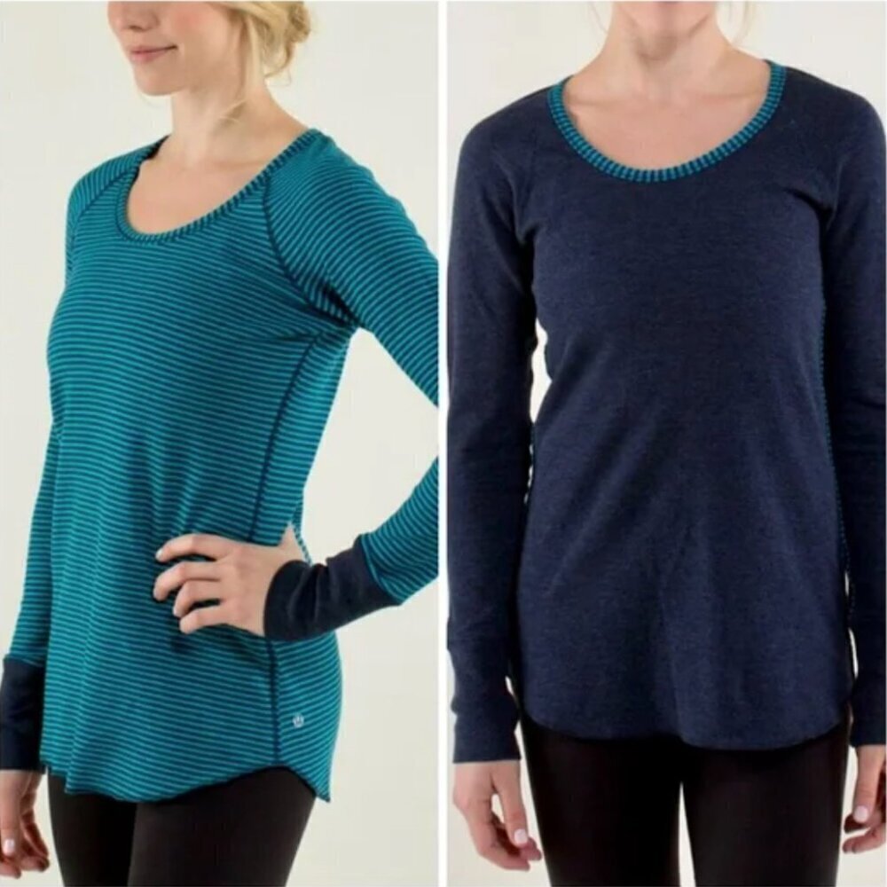 LULULEMON Reversible Open Your Heart Striped Long Sleeve Shirt Top Teal Ink Blue
